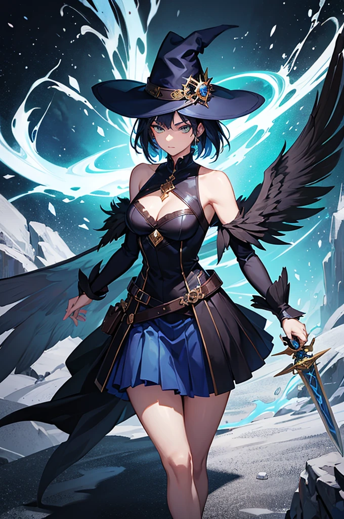Woman, mage, short dark blue hair with, badass magician clothes, arcanist, mage black hat, sword, hot dress, green eyes, big eagle