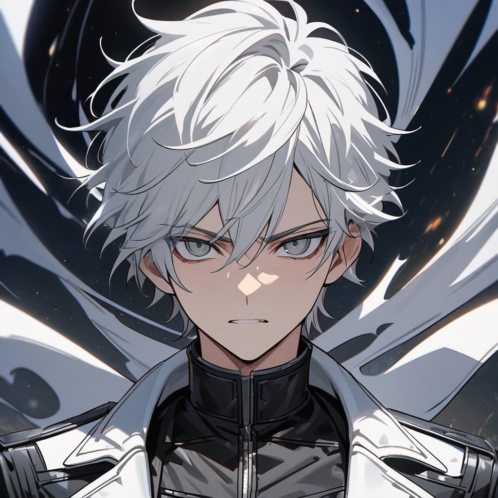 High quality, HD, 4k, no shadows, handsome male, 1male, , teenager, shwhite hair, silver hair, white hair, sharp eyes, dark grey colored eyes, deep grey eyes, grey eyes, devil may cry, close up, calm expression, stoic expression, black leather clothes, white leather clothing, lean body, well trained body, upper body, looking at viewer, cowboy shot, white solar, space background