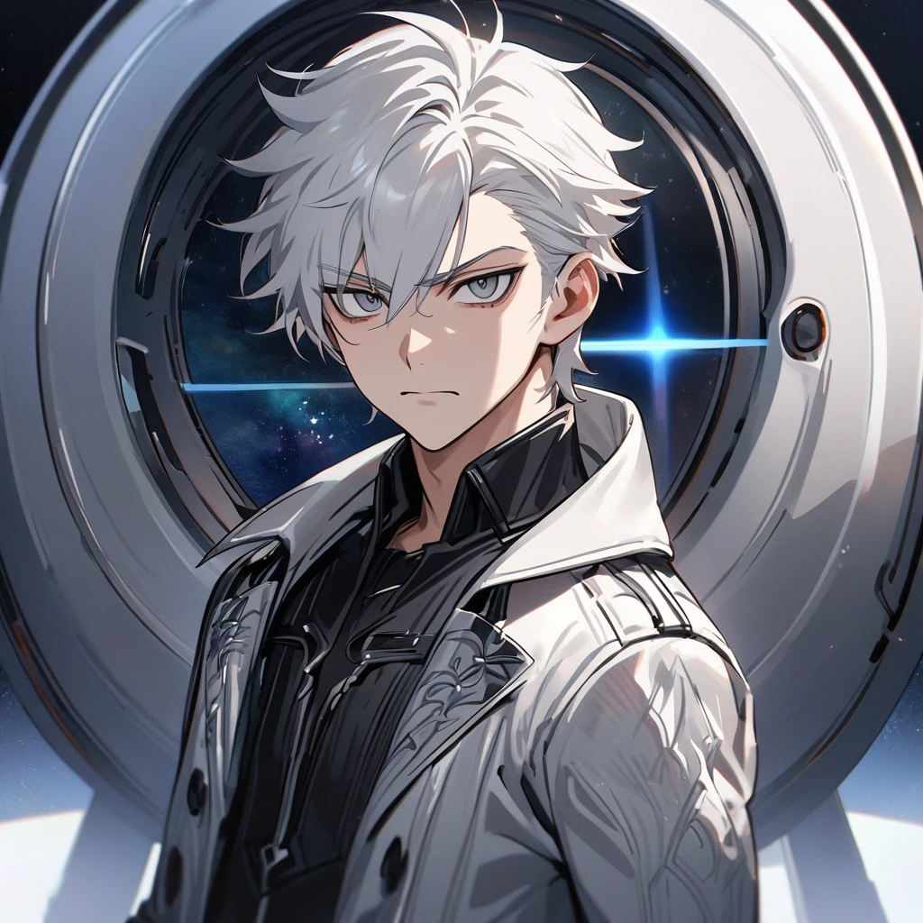 High quality, HD, 4k, no shadows, handsome male, 1male, 17 years old, teenager, short white hair, silver hair, white hair, sharp eyes, dark grey colored eyes, deep grey eyes, grey eyes, devil may cry, close up, calm expression, stoic expression, black leather clothes, white leather clothing, lean body, well trained body, upper body, looking at viewer, cowboy shot, white solar, space background