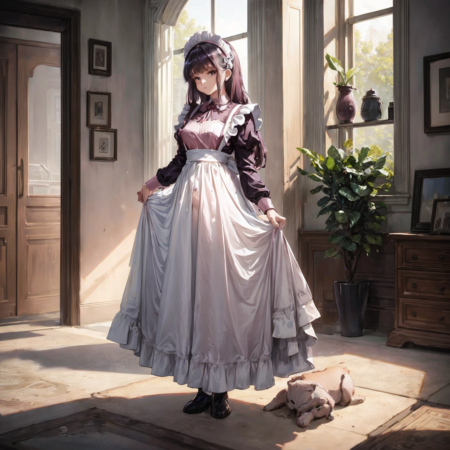 A woman is standing on the floor wearing a maid&#39;s uniform, alone, panties, underwear, skirt, (shiny dark pink satin panties:1.3)、panties that cover the butt、garter belt, Lie in, Knee socks, skirt lift, Recall, Realistic ,  (Show the crack of the buttocks:1.2)