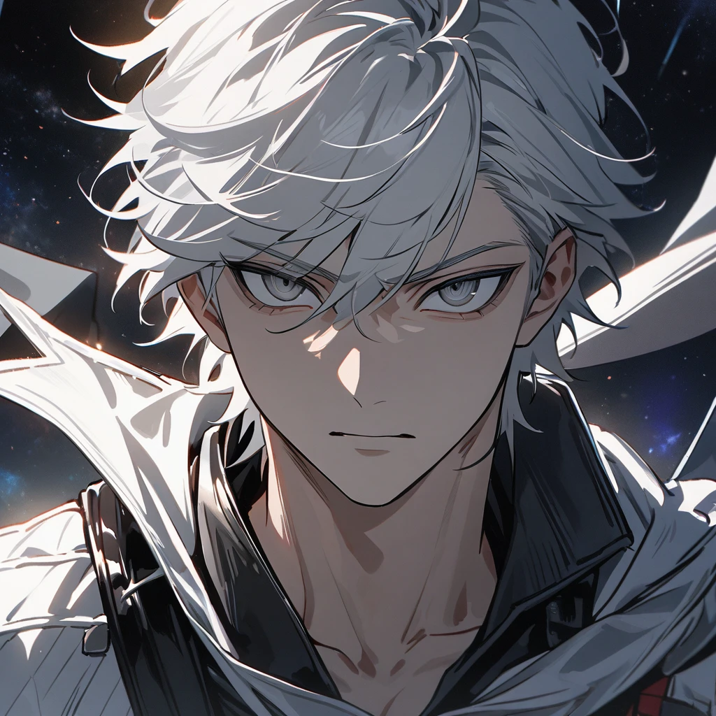 High quality, HD, 4k, no shadows, handsome male, 1male, , teenager, short white hair, silver hair, white hair, sharp eyes, dark grey colored eyes, deep grey eyes, grey eyes, devil may cry, close up, calm expression, stoic expression, black leather clothes, white leather clothing, lean body, well trained body, upper body, looking at viewer, cowboy shot, white solar, space background