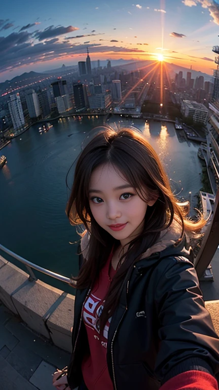 One girl, Korean, Fisheye Lens, Selfie, Wind, Messy Hair, sunset, Cityscape, (Aesthetics and atmosphere:1.2),smile