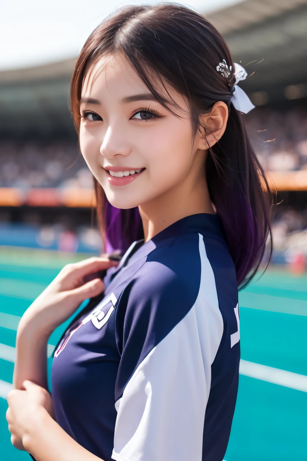 (Athletics、Uniform Stadium)、high quality, real、High resolution, Realistic、8k、masterpiece, detailed.impressive, Cutting-edge female photography portraits、Cool smile、sexy、Looking at the camera、Facing forward、cyan, and purple, Her vibrant makeup really catches the eye.. Her colorful hair is tied up high,