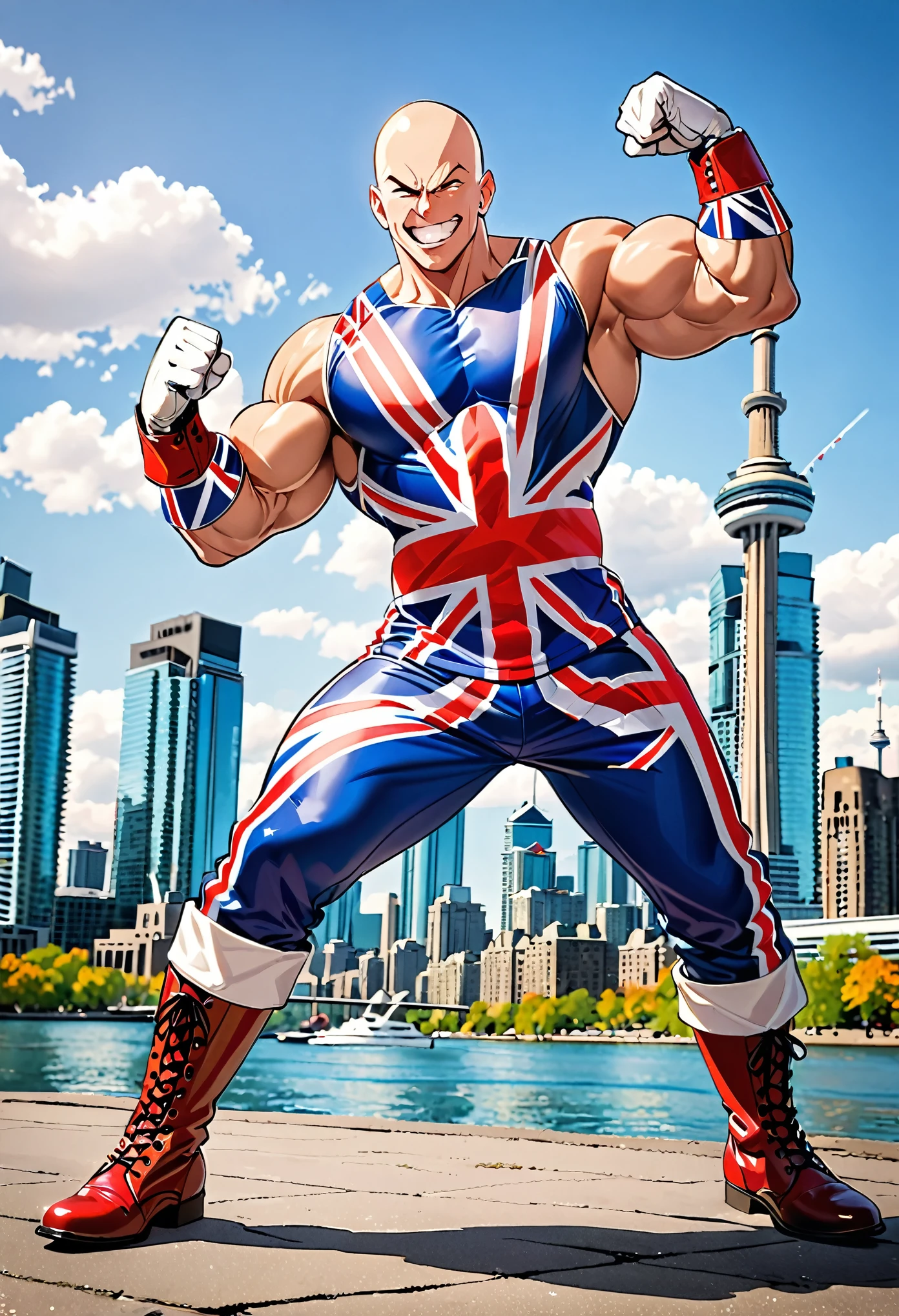 (masterpiece), (best quality), (high res), 1boy, solo, solo focus, male focus, bald head, green eyes, full body, British, muscular, pectorals, union jack wrestling outfit, thigh pants, white boots, matching boots, white gloves, matching gloves, union jack \(tattoo\) on chest. dynamic flexing pose, flexing his muscles, smug look, big smile, clenched teeth, semi-cartoon style, Toronto city backdrop, daytime, Cowboy Shot, clenched fists.