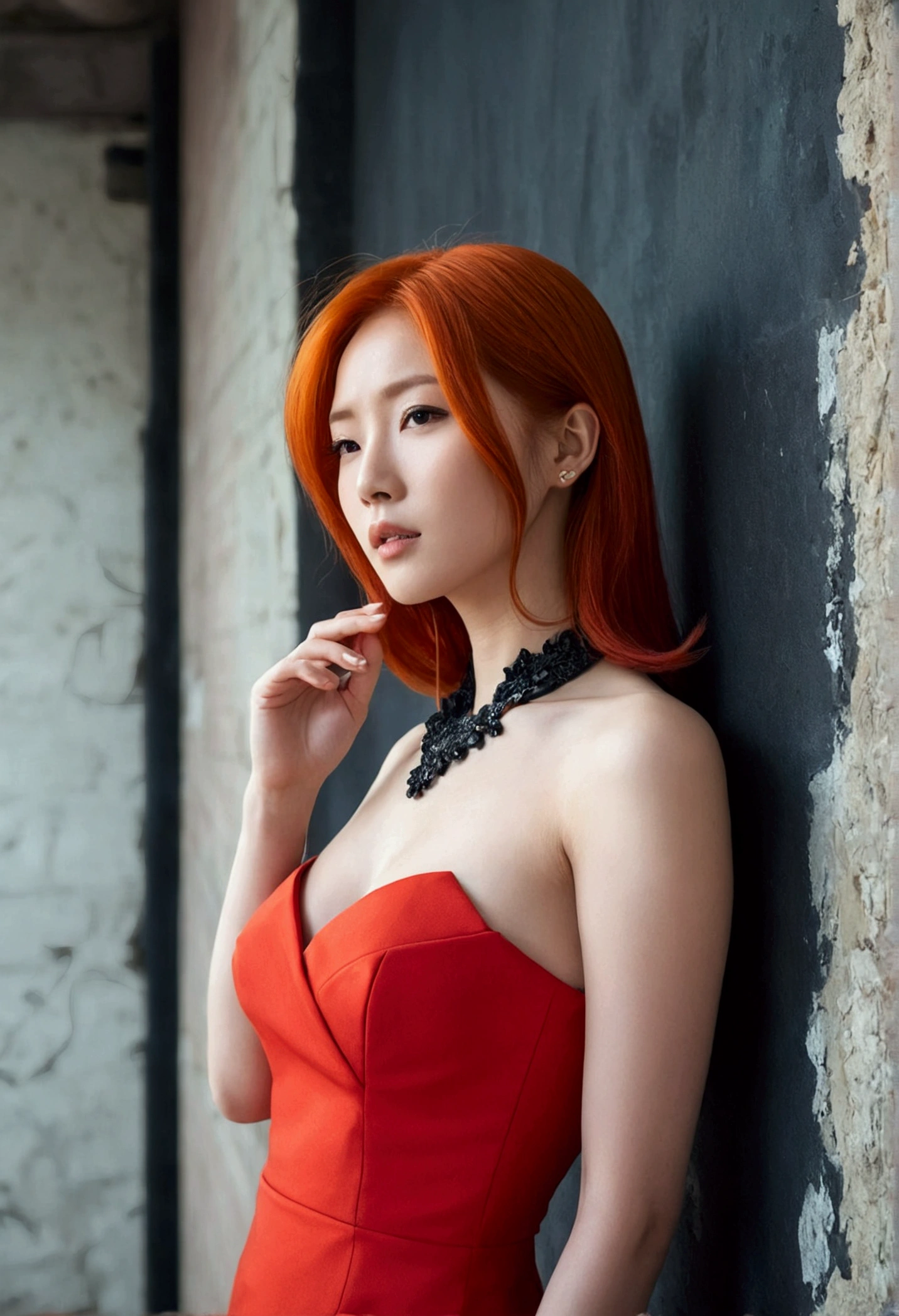 Create a sexy woman in a red dress she has orange hair, natural redhead and next to her a well-dressed Korean with black hair looking at her ardently, he is second on her neck against the wall