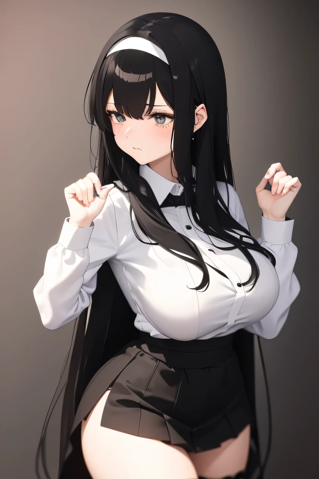 anime girl, long black hair, wavy hair, wear white office shirt and black A-line skirt, Wear a white headband, big boobs, big hip, Wear black stockings, sad expression looks, have bangs