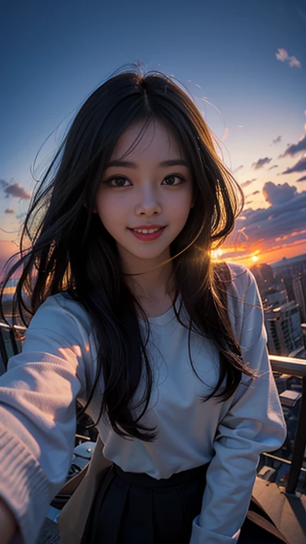 One girl, Korean, Fisheye Lens, Selfie, Wind, Messy Hair, sunset, Cityscape, (Aesthetics and atmosphere:1.2),smile