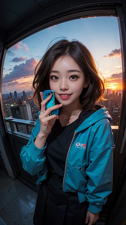 One girl, Korean, Fisheye Lens, Selfie, Wind, Messy Hair, sunset, Cityscape, (Aesthetics and atmosphere:1.2),smile