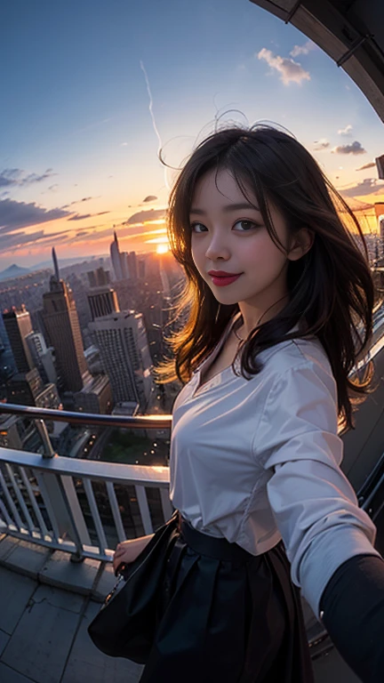 One girl, Korean, Fisheye Lens, Selfie, Wind, Messy Hair, sunset, Cityscape, (Aesthetics and atmosphere:1.2),smile