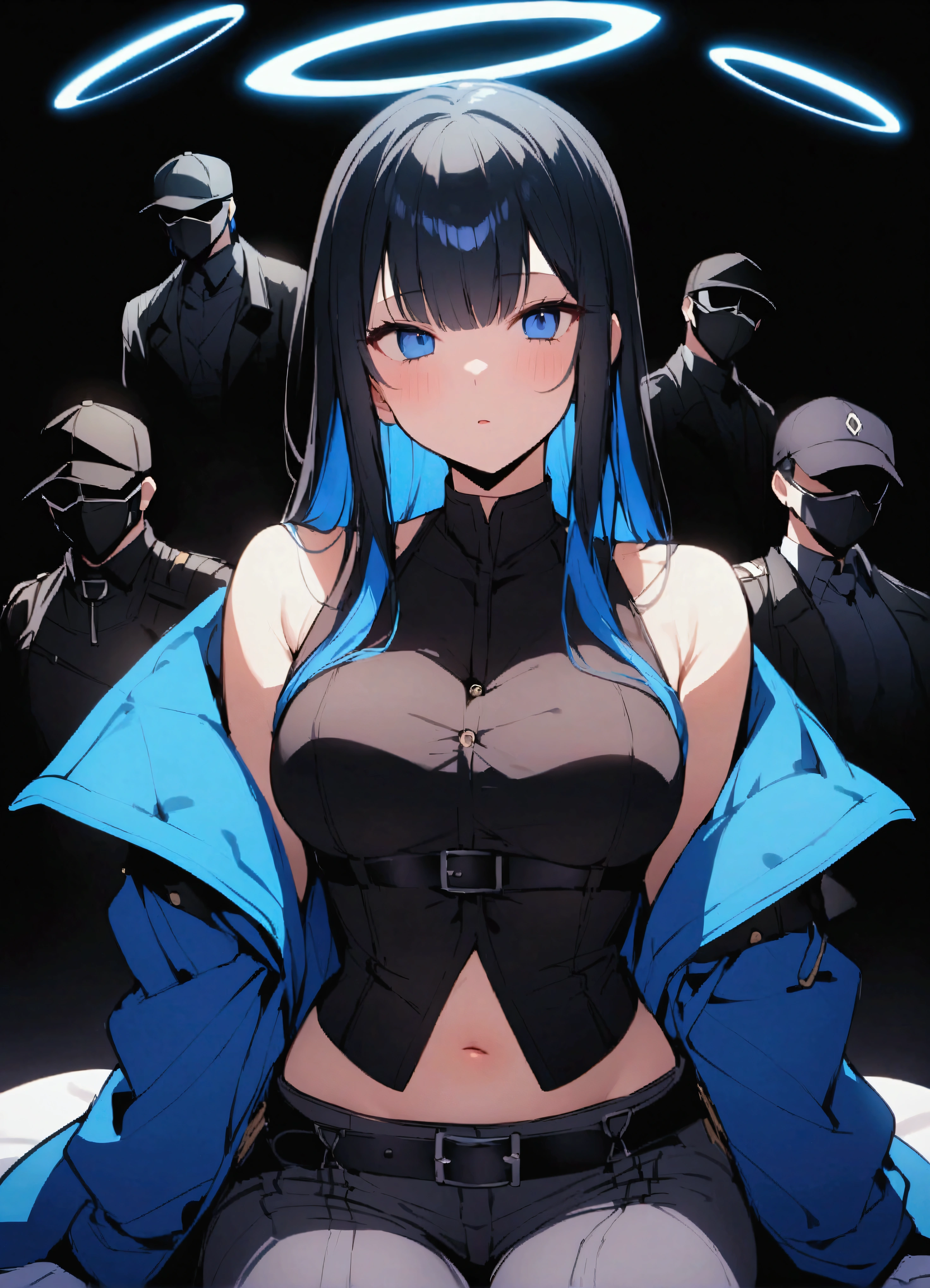 score_9、score_8_up、score_7_up、score_6_up、source_アニメ、、One woman、solo、Long Hair、chest、Staring at the audience、bangs、blue eyes、大きなchest、Simple Background、shirt、Black Hair、gloves、Long sleeve、hat、belly button、Shoulder Bare、中くらいのchest、Sitting、Blue Hair、Jacket、Side Lock、Colorful Hair、Open clothes、No sleeve、黒いgloves、abdomen、belt、pants、Off the shoulder、stomach、Raise your arms、開いたJacket、coat、Crop top、between legs、黒いshirt、No sleeve shirt、黒いhat、mask、Halo、黒いpants、白いJacket、Black Background、Baseball cap、Raise your knees、黒いbelt、開いたcoat、口mask、Underbust、白いcoat、黒いmask、Snap Fit Buckle