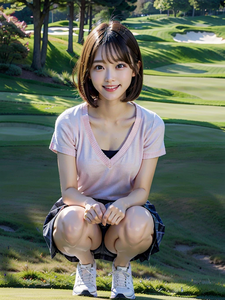 Japan Female Professional Golfer、Short tight skirt、Squatting on the golf course green、26 years old,Realistically,Japanese Girls,Amazingly cute、(White skin),,short hair、(very good)、(Roll up the skirt yourself)The Great Depression is about to burst、Shorts、Shining Legs、Glowing Chest、Slim body type、Pink clothes、Inviting eyes、Saori