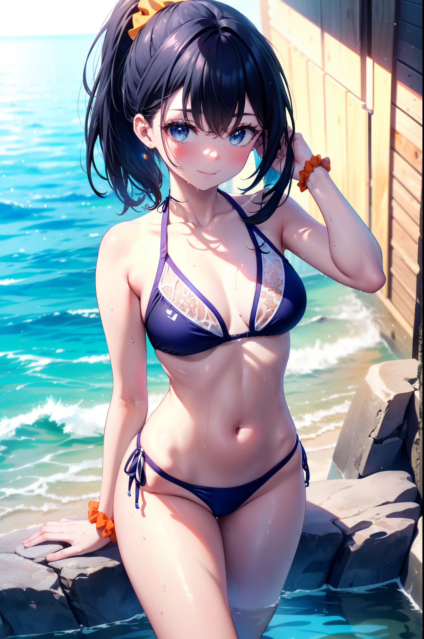 Rikka body, Affluent backstreets, Black Hair, blue eyes, Long Hair, orange Scrunchie, Scrunchie, wrist Scrunchie,smile,blush,ponytail,Red bikini string swimsuit,barefoot,Wet Hair,Wet swimsuit,Wet Hair,Water Play,Daytime,Clear skies,True Summer,True Summer,
break outdoors, Ocean,Beach,
break looking at viewer,whole body, (Cowboy Shot:1.5),
break (masterpiece:1.2), Highest quality, High resolution, unity 8k wallpaper, (shape:0.8), (Beautiful details:1.6), Highly detailed face, Perfect lighting, Extremely detailed CG, (Perfect hands, Perfect Anatomy),