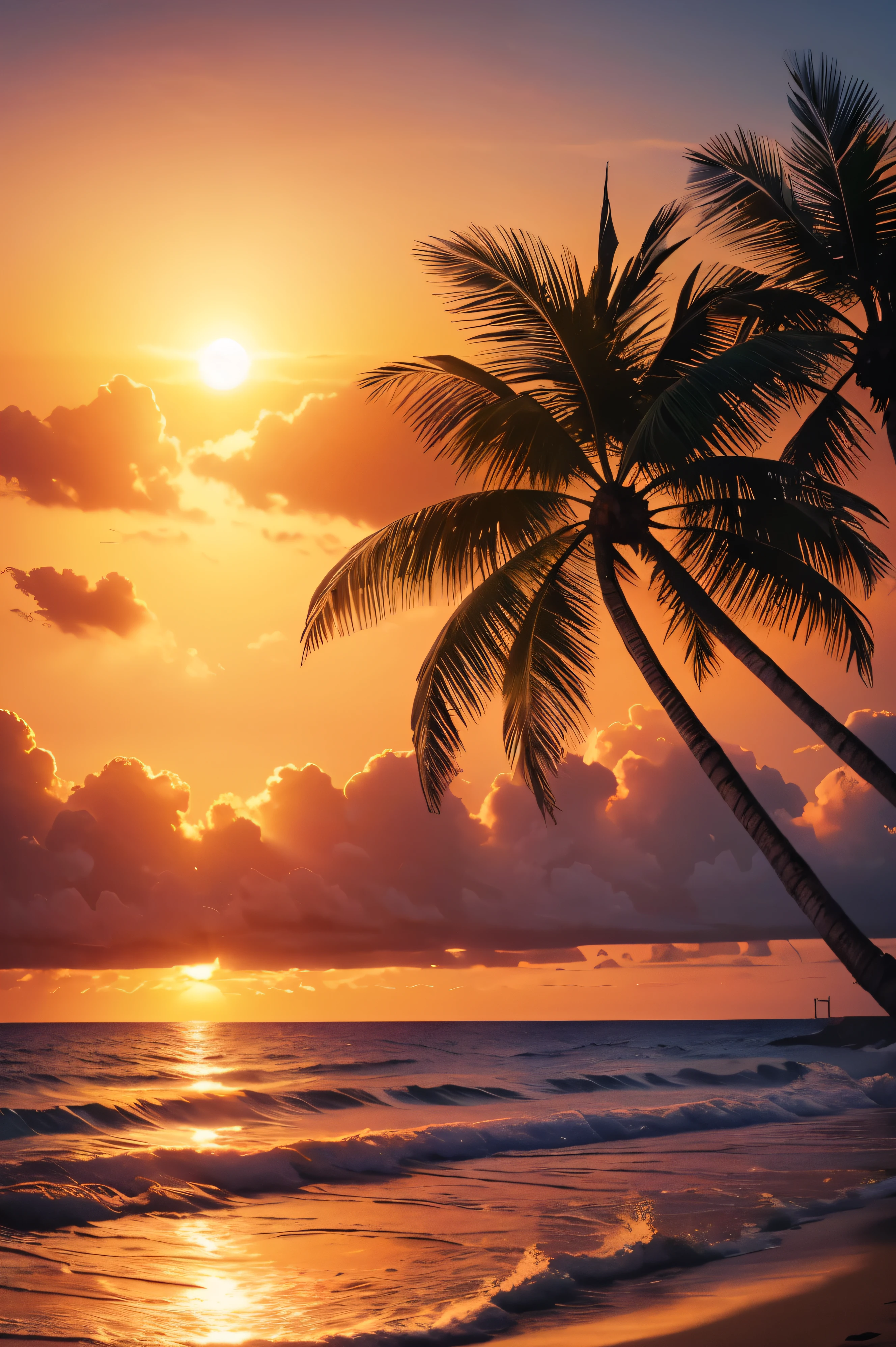a beautiful serene beach with palm trees,sunset,ocean waves,warm golden light,photorealistic,highly detailed,vibrant colors,dramatic lighting,cinematic composition