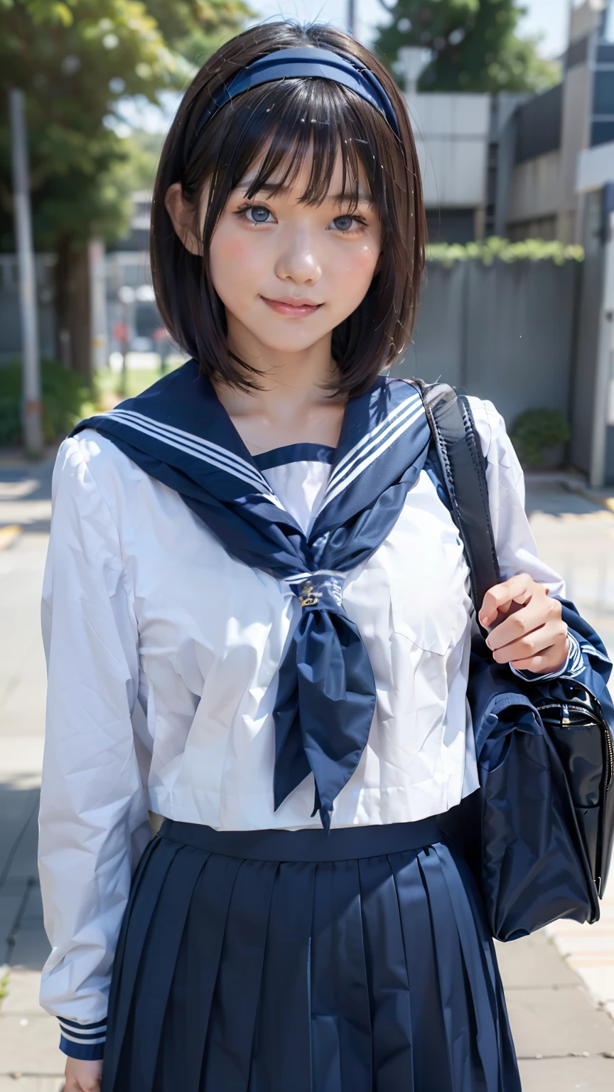 sailor uniform, One Woman, (Beautiful woman, delicate :1.3), Black Hair, bob cur hair, Patsun, 8k, Highest quality, masterpiece, Very detailed, Ultra-high resolution, Realistic, RAW Photos, Absolute Resolution, Black Hair, Navy blue sailor uniform, (Navy blue pleated skirt:1.4), Realistic high school girl, (White headband:1.4), Small breasts, expensive, Bright Blue Eyes, (In front of the school gate), smile, (standing pose:1.4), (one school bag on shoulder:1.4), (long skirt:1.4), slender female body, Blur the background, junior high school student, (looking at the camera:1.4)
