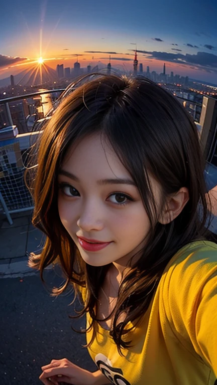 One girl, Korean, Fisheye Lens, Selfie, Wind, Messy Hair, sunset, Cityscape, (Aesthetics and atmosphere:1.2),smile