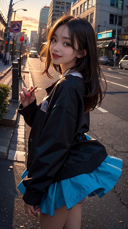 One girl, Korean, Fisheye Lens, Selfie, Wind, Messy Hair, sunset, Cityscape, (Aesthetics and atmosphere:1.2),smile