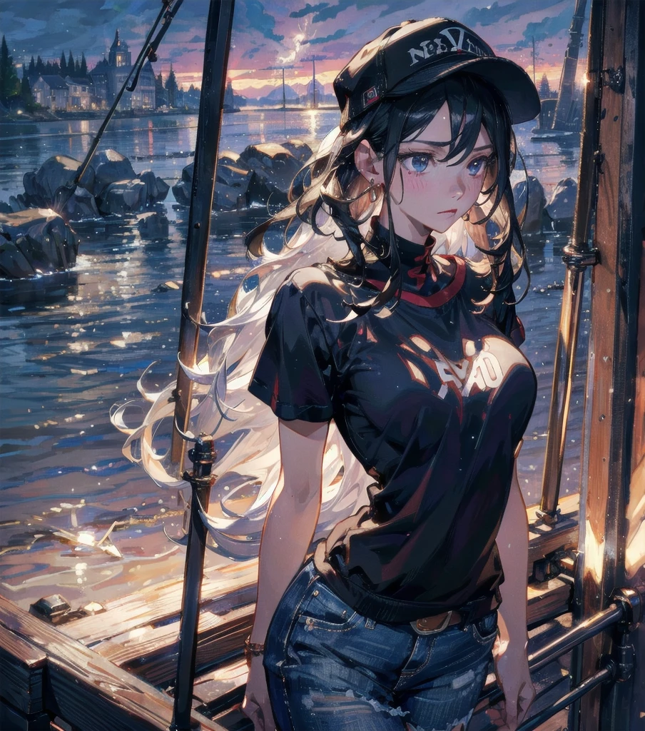 absurdres, RAW photo, extremely delicate and beautiful, masterpiece, Best Quality, ultra high resolution, 32k, hyperrealistic, ultra-detailed, Very detailed CG 8k wallpaper, detailed background, landscape, Beautiful Lighting, Perfect Lightning, Realistic Shadows, perfect anatomy, anatomically correct, ideal ratio body proportions, perfect figure, Perfect Style, Perfect balance, super Detailed skin, in her 30s, very Slim body, narrow waist, very small head, very small face, delicate facial features, handsome detailed woman, very detailed eyes and face, realistic face proportions, Realistic beautiful face, Realistic beautiful eyes, tearful mole, earring, whole body shot, very huge round tits, medium hair, asymmetrical hair, wavy hair, outdoor, baseball cap, T-shirt, shorts,