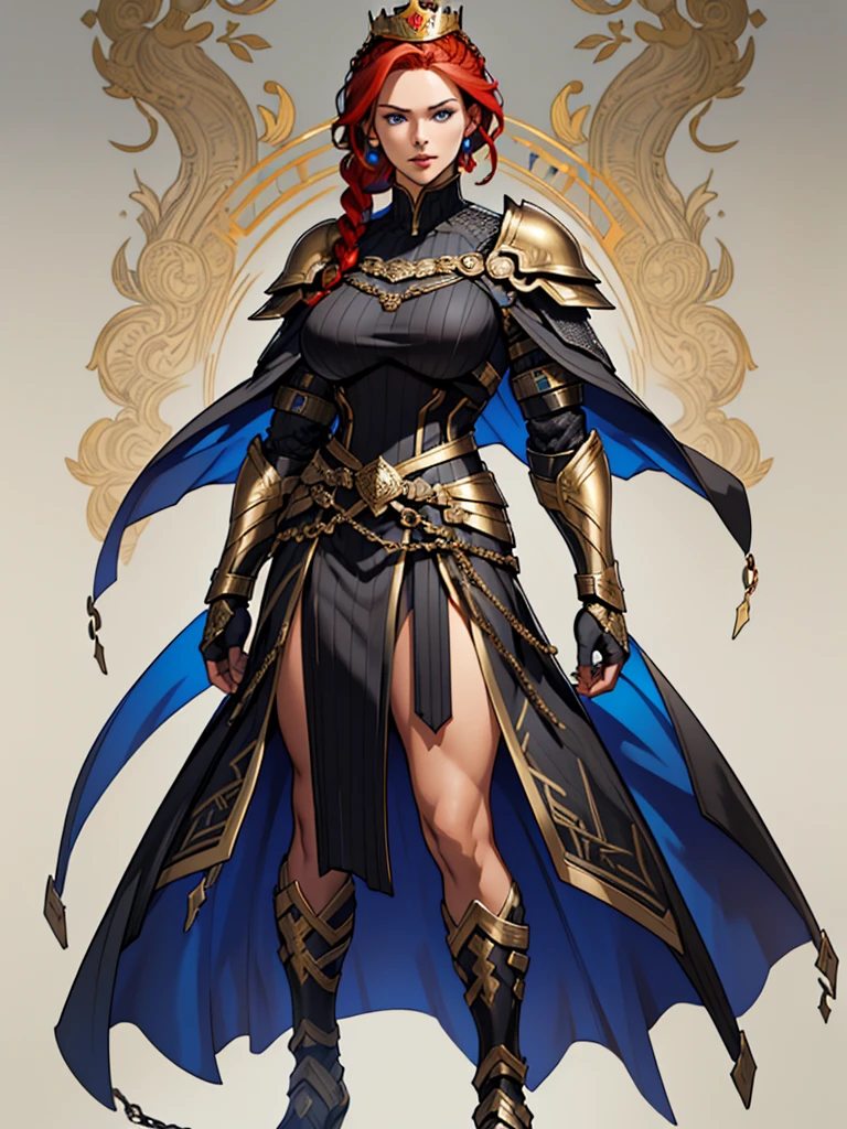 ((best quality)), ((4k)), ((highres)), ((masterpiece:1.2)). ((detailed)), ((ultra realistic)), ((intricate details)), ((full body picture)), ((character design sheet)), ((blank background)), a full body picture of a beautifull scandinavian female, scandinavian woman, scandinavian model, viking warrior woman, tall woman, perfect face, gorgeous face, detailed eyes, detailed lips, ((luscious red lips)), ((vivid blue eyes)), about 35 years old, about 6'5 ft. tall, short red hair, crown braid short red hair, ((emphasis on her crown braid short red hair)), perfect body, hourglass body type, muscular body, muscular and feminine, muscle mommy, dressed in a chainmail dress-armor with leg slit ((emphasis on her chainmail dress-armor with leg slit)), blue, black and gold outfit, ((emphasis on blue, black and gold outfit)), multi-colored outfit, ((emphasis on multi-colored outfit)), warrior character, warrior goddess character, superhero character, superhero concept art, superhero character concept art, full body, full body concept art, full body art