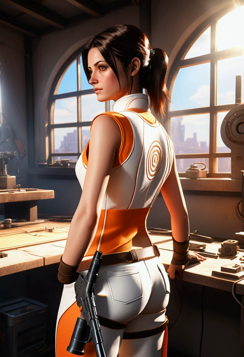 chell, Horse tail, sleeveless, clothing around the waist, Clean a portal gun on a workbench., Bright morning sunlight shining through the window. (stylezrpg) (masterpiece:1.2) (illustration:1.2) (Best Quality:1.2) (detailed) (Intricate) (8k) (HdR) (cinematic lighting) (sharp focus)