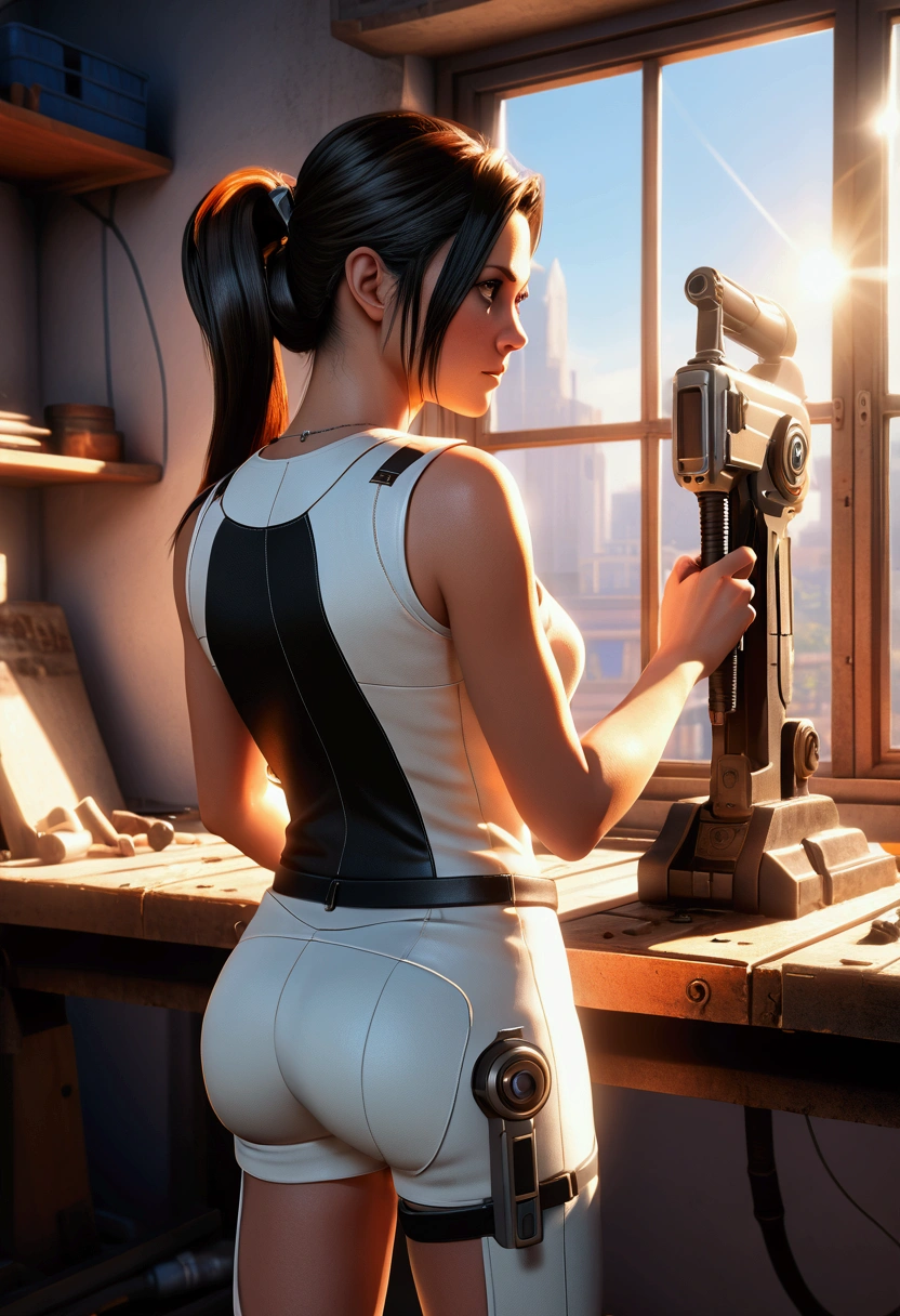 chell, Horse tail, sleeveless, clothing around the waist, Clean a portal gun on a workbench., Bright morning sunlight shining through the window. (stylezrpg) (masterpiece:1.2) (illustration:1.2) (Best Quality:1.2) (detailed) (Intricate) (8k) (HdR) (cinematic lighting) (sharp focus)