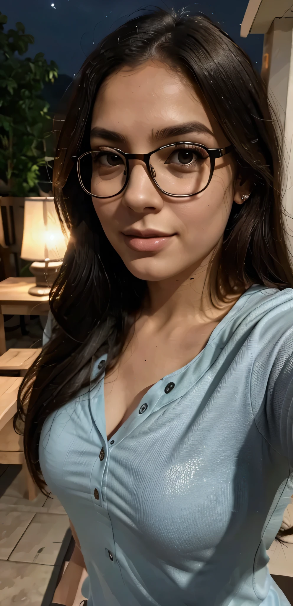 {sofia} with (glasses), wearing a confortable pajama, homemade selfie, (view from the frontal camera of the smartphone), (close in the face:1.4), (night:1.4), (no lights: 1.4)