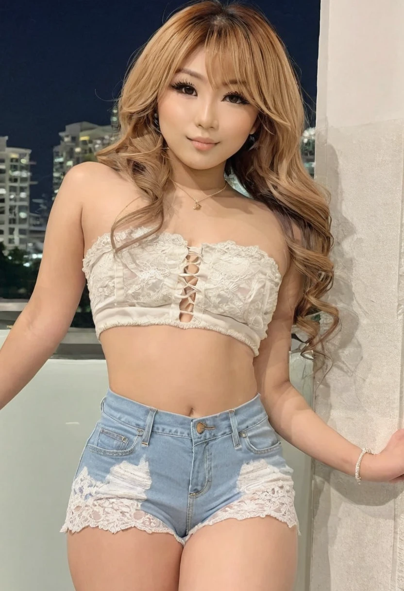 ((Best resolution)), ((high quality:1.2)), Work of art, 8k, extremely detailed, ((High detail:1.2)), Solo, 24 years old gyaru Japanese female, (mini-shorts, crop strapless),
