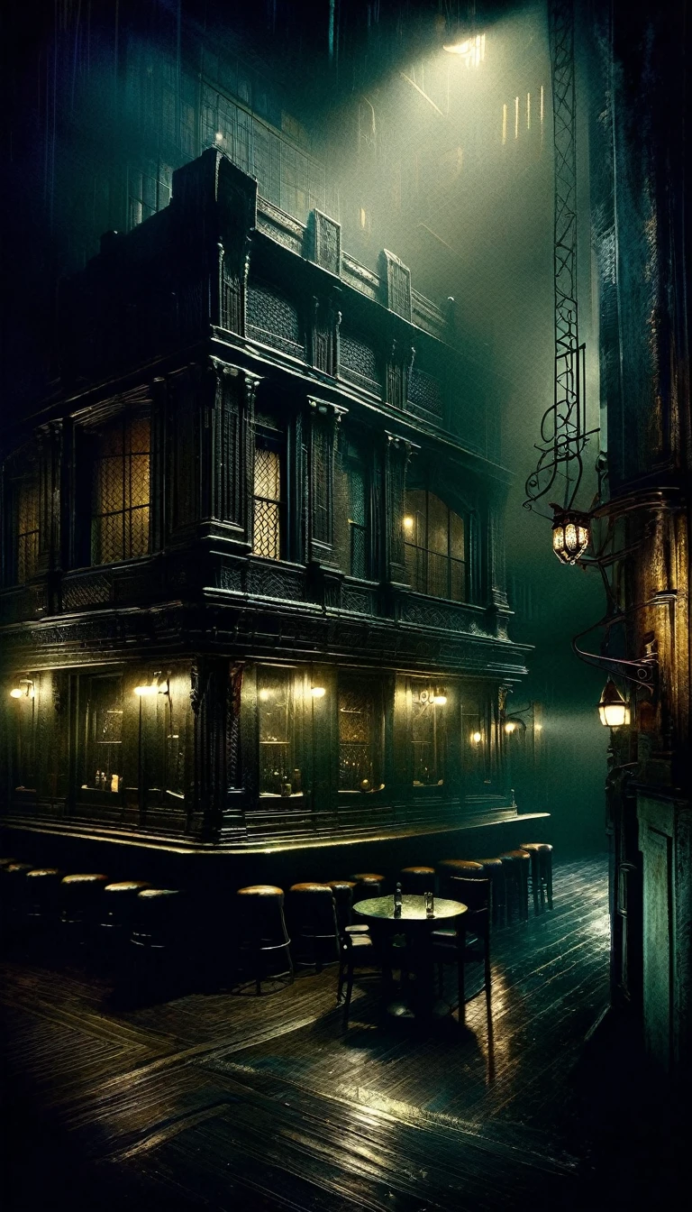 a strange and mysterious pub, art inspired by Bill Sienkiewicz and Dave McKean, cinematic lighting, dramatic chiaroscuro, moody and atmospheric, gritty and textured, surreal elements, dark fantasy, 1920s art deco, intricate details, high quality, 8k, hyper detailed, photorealistic, masterpiece