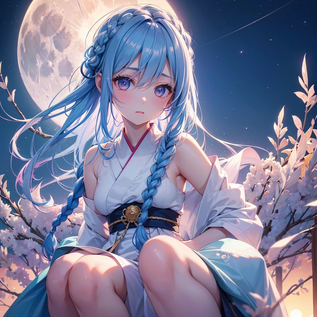 Sky blue hair, (Braided medium hair:1.2), Pink eyes,Fair skin ,(whole body),(One Girl),(White sweet dumplings ),White round dumplings,Japanese pampas grass,(beautiful, Full moon shining in the night sky),(masterpiece, Highest quality, Very detailed, Best Shadow), (Detailed Background), (Beautifully detailed face), High Contrast, (Best lighting, Very delicate and beautiful), ((Cinematic Light)), colorful, Hyper Detail,8k, Dramatic Light, Intricate details,Sit and eat dumplings while watching the moon,