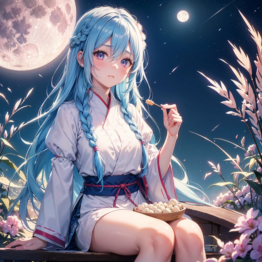 Sky blue hair, (Braided medium hair:1.2), Pink eyes,Fair skin ,(whole body),(One Girl),(White sweet dumplings ),White round dumplings,Japanese pampas grass,(beautiful, Full moon shining in the night sky),(masterpiece, Highest quality, Very detailed, Best Shadow), (Detailed Background), (Beautifully detailed face), High Contrast, (Best lighting, Very delicate and beautiful), ((Cinematic Light)), colorful, Hyper Detail,8k, Dramatic Light, Intricate details,Sit and eat dumplings while watching the moon,