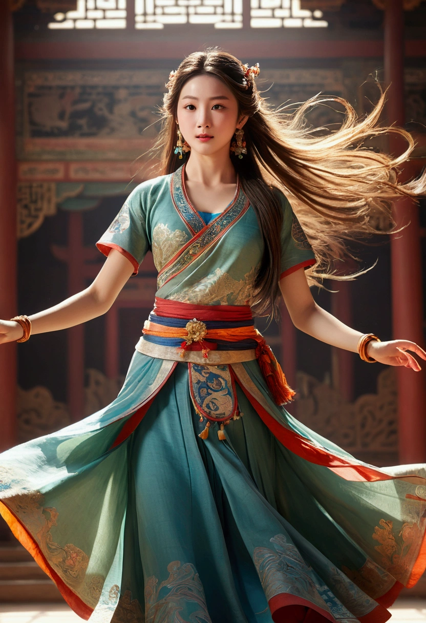 National Foundation,(RAW photos, best quality),(Practical, photo-Practical:1.3),best quality,Very detailed,masterpiece,Extremely detailed,illustration,1 dancing girl,full_Body,Dynamic Angle,world masterpiece theater,messy_long_hair,best quality,Extremely detailed CG unity 8k wallpaper,ink,Astonishing,Movie Lighting,lens_Flare,Dunhuang_style,
