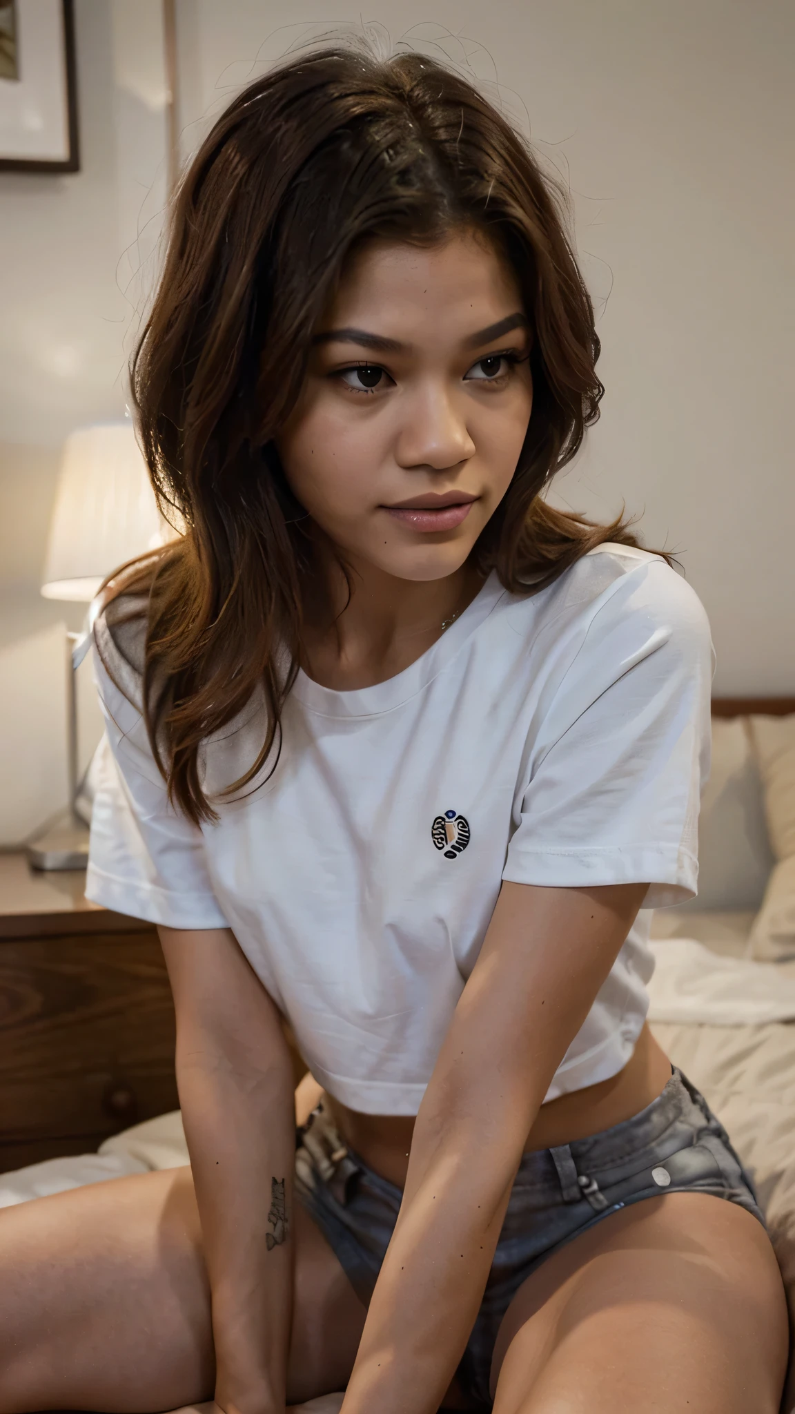 Zendaya, sitting at the bed, wearing shirt and short, smirk, looking away, close-up view