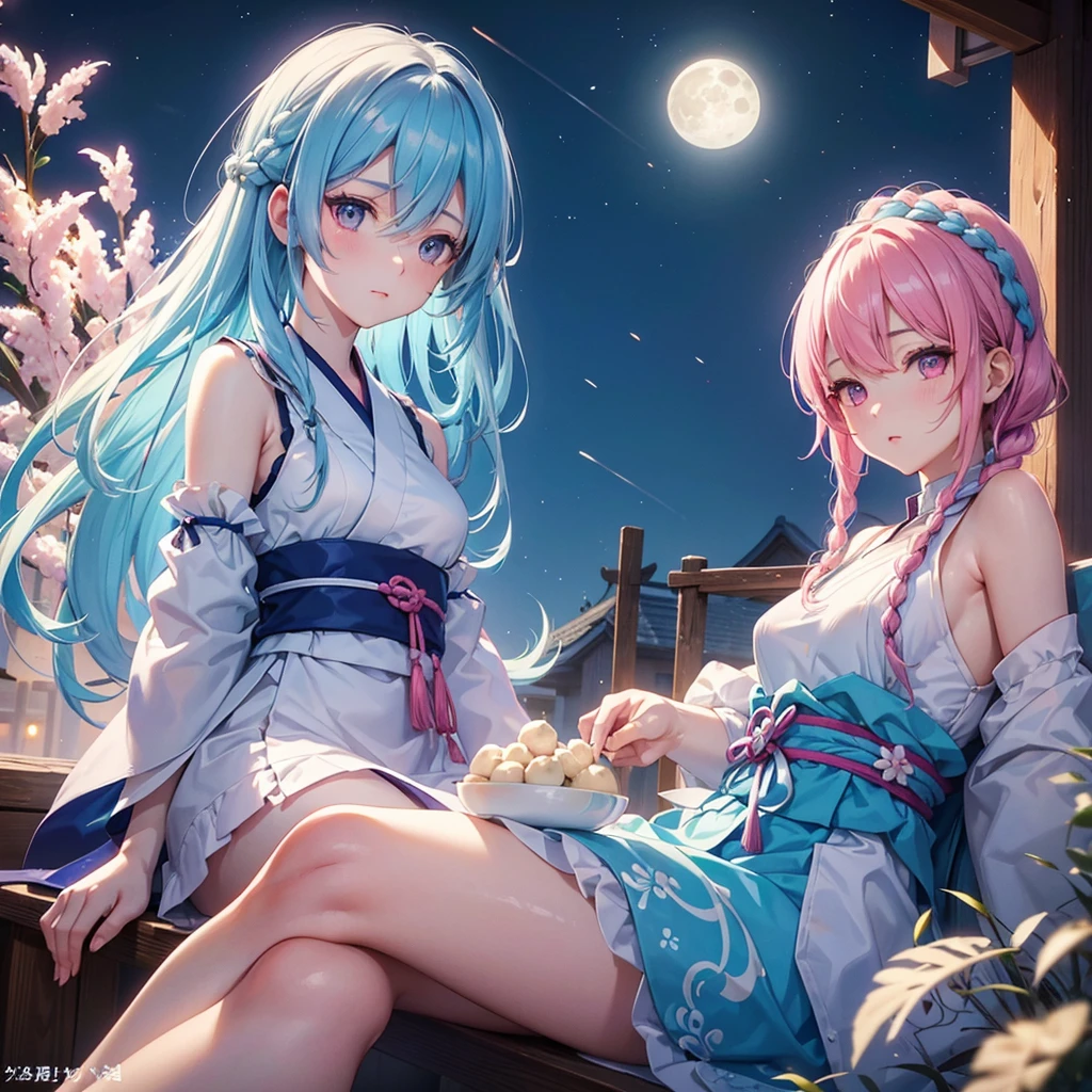 Sky blue hair, (Braided medium hair:1.2), Pink eyes,Fair skin ,(whole body),(One Girl),(White sweet dumplings ),White round dumplings,Japanese pampas grass,(beautiful, Full moon shining in the night sky),(masterpiece, Highest quality, Very detailed, Best Shadow), (Detailed Background), (Beautifully detailed face), High Contrast, (Best lighting, Very delicate and beautiful), ((Cinematic Light)), colorful, Hyper Detail,8k, Dramatic Light, Intricate details,Sit and eat dumplings while watching the moon,
