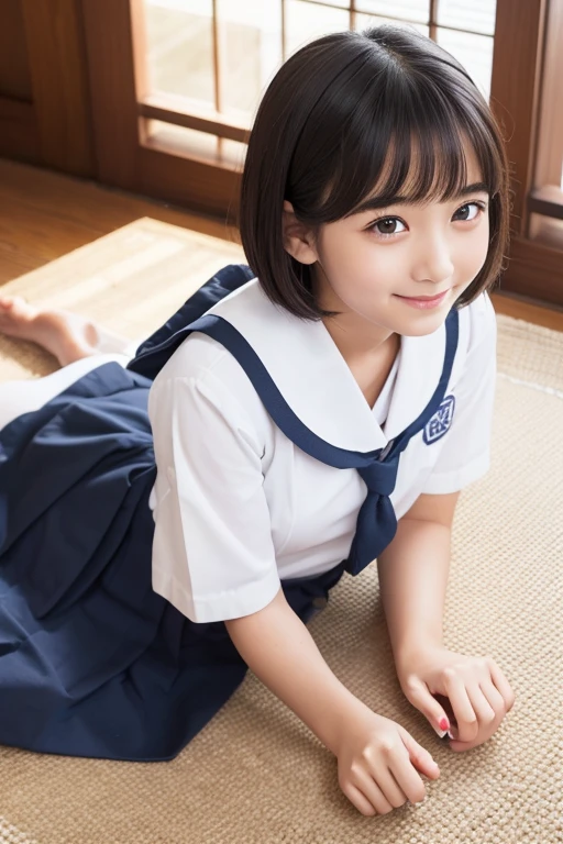 school girl, kanna, (masterpiece:1.2, best quality), (real picture, intricate details), (8k, polished image), big eyes, looking viewer, smile,, :>=,black short hair, (masterpiece:1.2, best quality), (real picture, intricate details), (8k, polished image), cute girl, (masterpiece), best quality, short cut, delicate details, Japanese school wear, face zoom up, dreamy eyes,open legs, gentle smile, upstairs, lying, futon, on back,summer schoolwear, wakeup, from side shot,