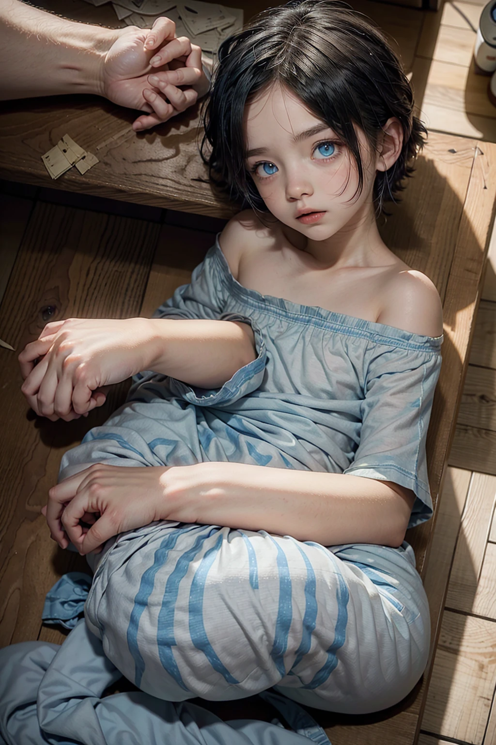 Un homme avec un tigre blanc, un motif de tigre rayé bleu ciel, une longue queue de tigre, un œil gauche jaune, un œil droit bleu ciel, sourcils bleus, cheveux bleu ciel, cheveux longs, yeux fermés,chaussettes blanches,fond de vestiaire, caresser,colère,Expression sérieuse,nu,toucher sa poitrine