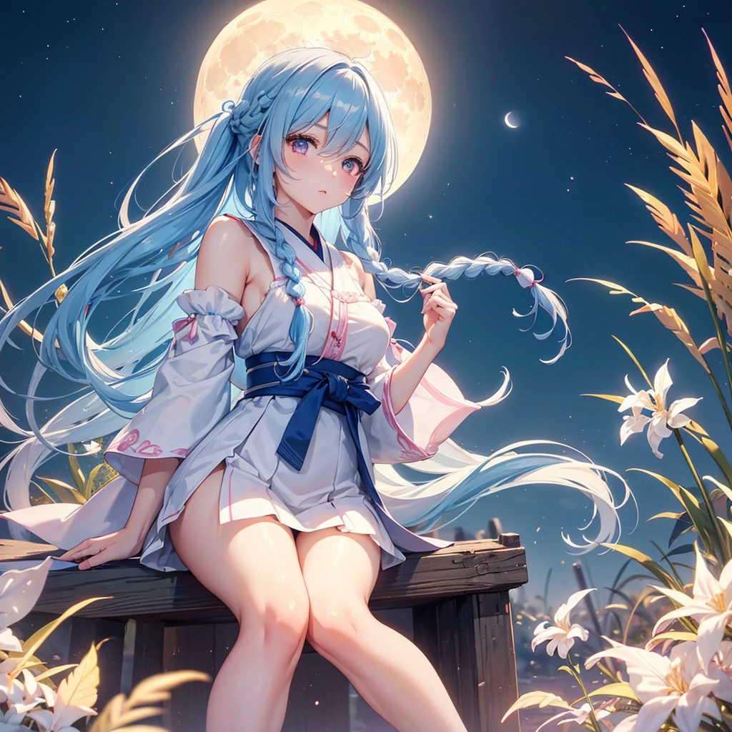 Sky blue hair, (Braided medium hair:1.2), Pink eyes,Fair skin ,(whole body),(One Girl),(White sweet dumplings ),White round dumplings,Japanese pampas grass,(beautiful, Full moon shining in the night sky),(masterpiece, Highest quality, Very detailed, Best Shadow), (Detailed Background), (Beautifully detailed face), High Contrast, (Best lighting, Very delicate and beautiful), ((Cinematic Light)), colorful, Hyper Detail,8k, Dramatic Light, Intricate details,Sit and eat dumplings while watching the moon,