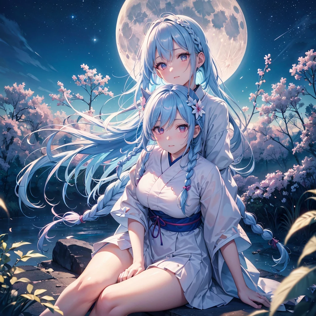 Sky blue hair, (Braided medium hair:1.2), Pink eyes,Fair skin ,(whole body),(One Girl),(White sweet dumplings ),White round dumplings,Japanese pampas grass,(beautiful, Full moon shining in the night sky),(masterpiece, Highest quality, Very detailed, Best Shadow), (Detailed Background), (Beautifully detailed face), High Contrast, (Best lighting, Very delicate and beautiful), ((Cinematic Light)), colorful, Hyper Detail,8k, Dramatic Light, Intricate details,Sit and eat dumplings while watching the moon,