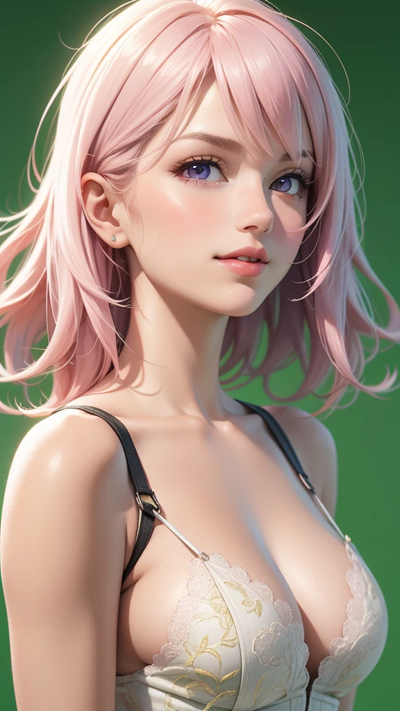(masterpiece, best quality), intricate details, thin, ((slim)), beautiful girl, Light pink hair, light purple eyes, sharp jawline, Looking ahead , messy hair, lips, upper body, smirk, Green background, High school clothing 