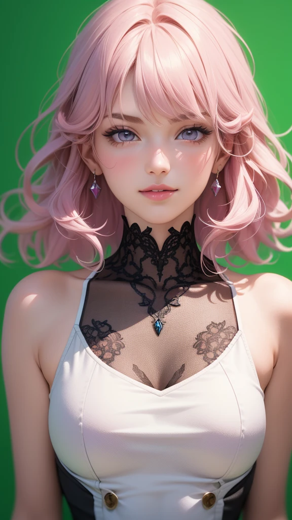 (masterpiece, best quality), intricate details, thin, ((slim)), beautiful girl, Light pink hair, light purple eyes, sharp jawline, Looking ahead , messy hair, lips, upper body, smirk, Green background, High school clothing