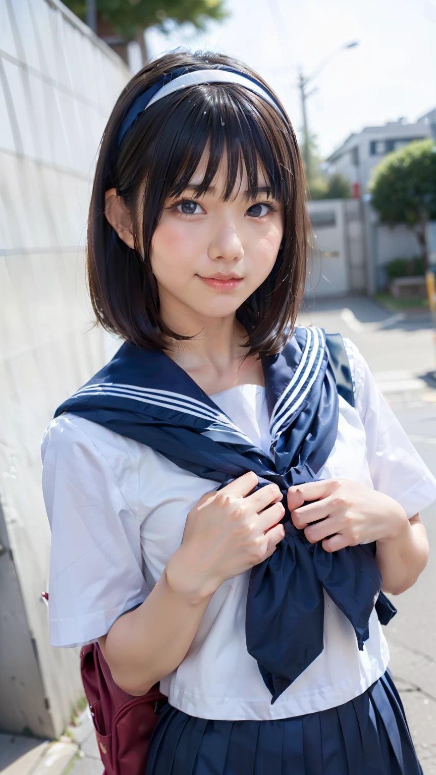 sailor uniform, One Woman, (Beautiful woman, delicate :1.3), Black Hair, bob cur hair, Patsun, 8k, Highest quality, masterpiece, Very detailed, Ultra-high resolution, Realistic, RAW Photos, Absolute Resolution, Black Hair, Navy blue sailor uniform, (Navy blue pleated skirt:1.4), Realistic high school girl, (White headband:1.4), Small breasts, expensive, Bright Blue Eyes, (In front of the school gate), smile, (standing pose:1.4), (one school bag on shoulder:1.4), (long skirt:1.4), slender female body, Blur the background, junior high school student, (looking at the camera:1.4)