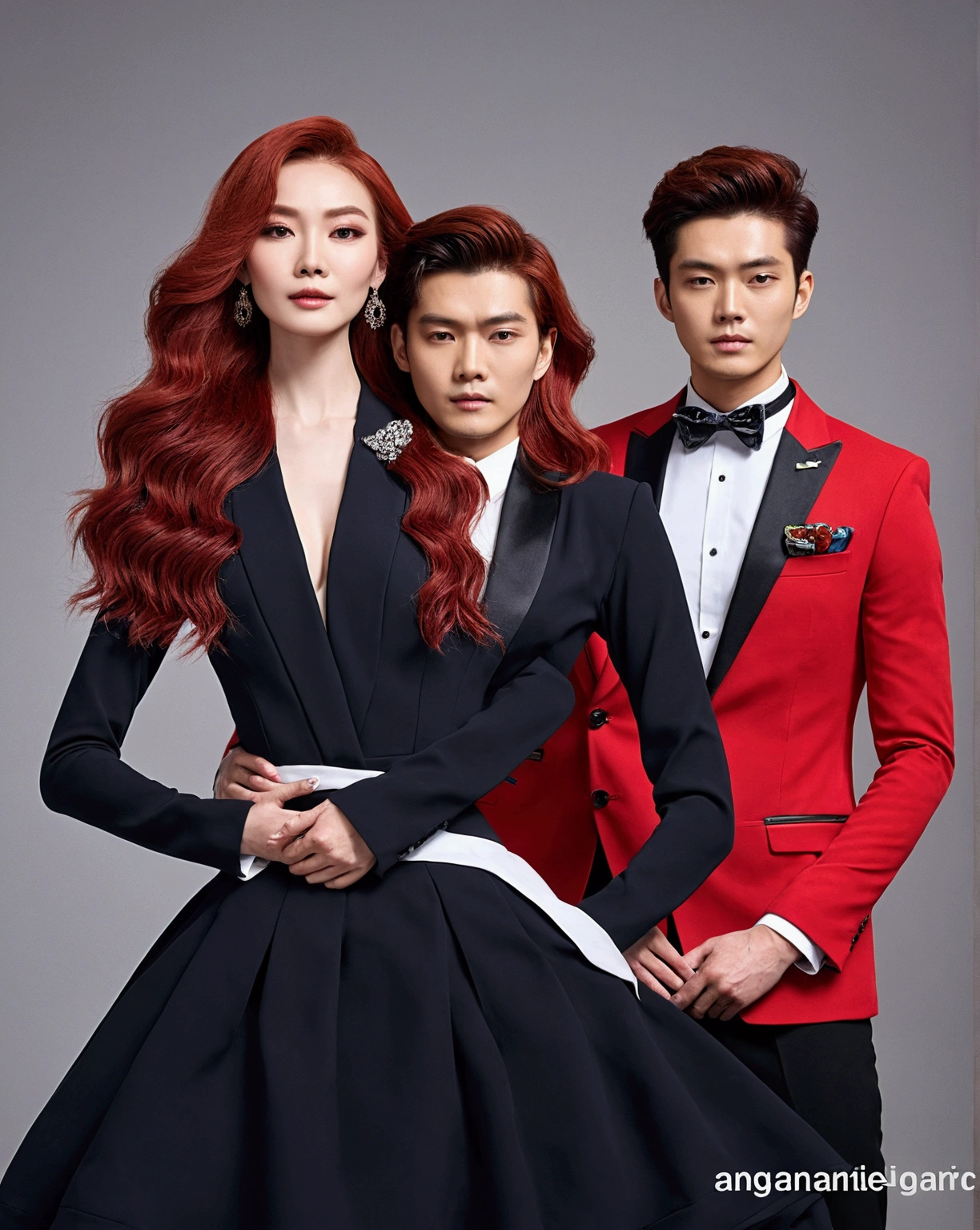 Create a sexy woman in a red dress she has orange hair, natural redhead and next to her a well-dressed Korean with black hair looking at her ardently, he is second on her neck against the wall
