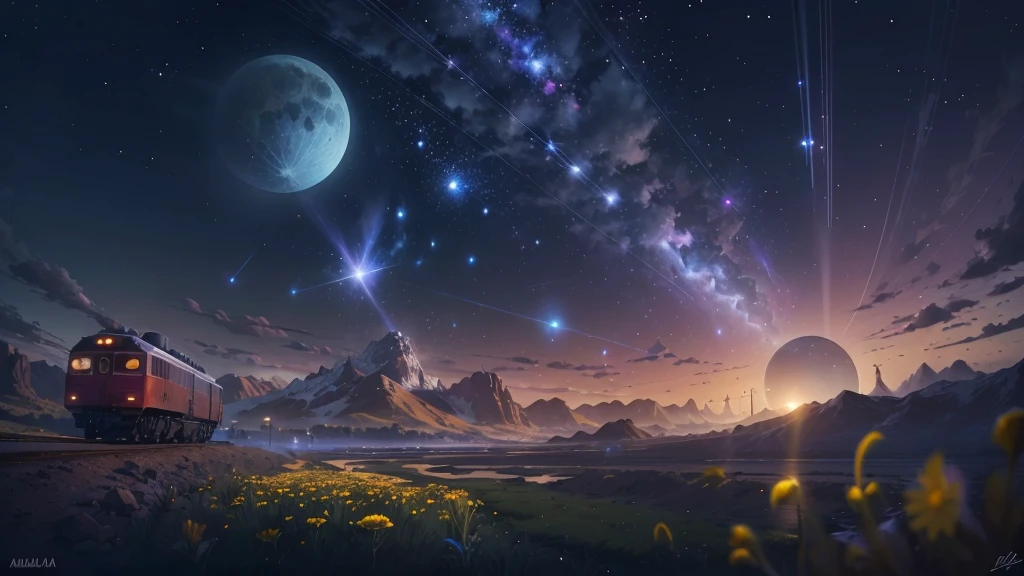 (Absurd, Cinematic, Ultra-high resolution, taller than, Super detailed, Super detailed), Dark purple sky, Sky nebula, Five o&#39;clock in the sky, Big moon in the sky, Flying Train, shooting star, Dandelion field, Mountain, Boy Looking at the Sky, oil, detailed Dandelion field, detailed Flying Train, Detailed Sky,  sunset