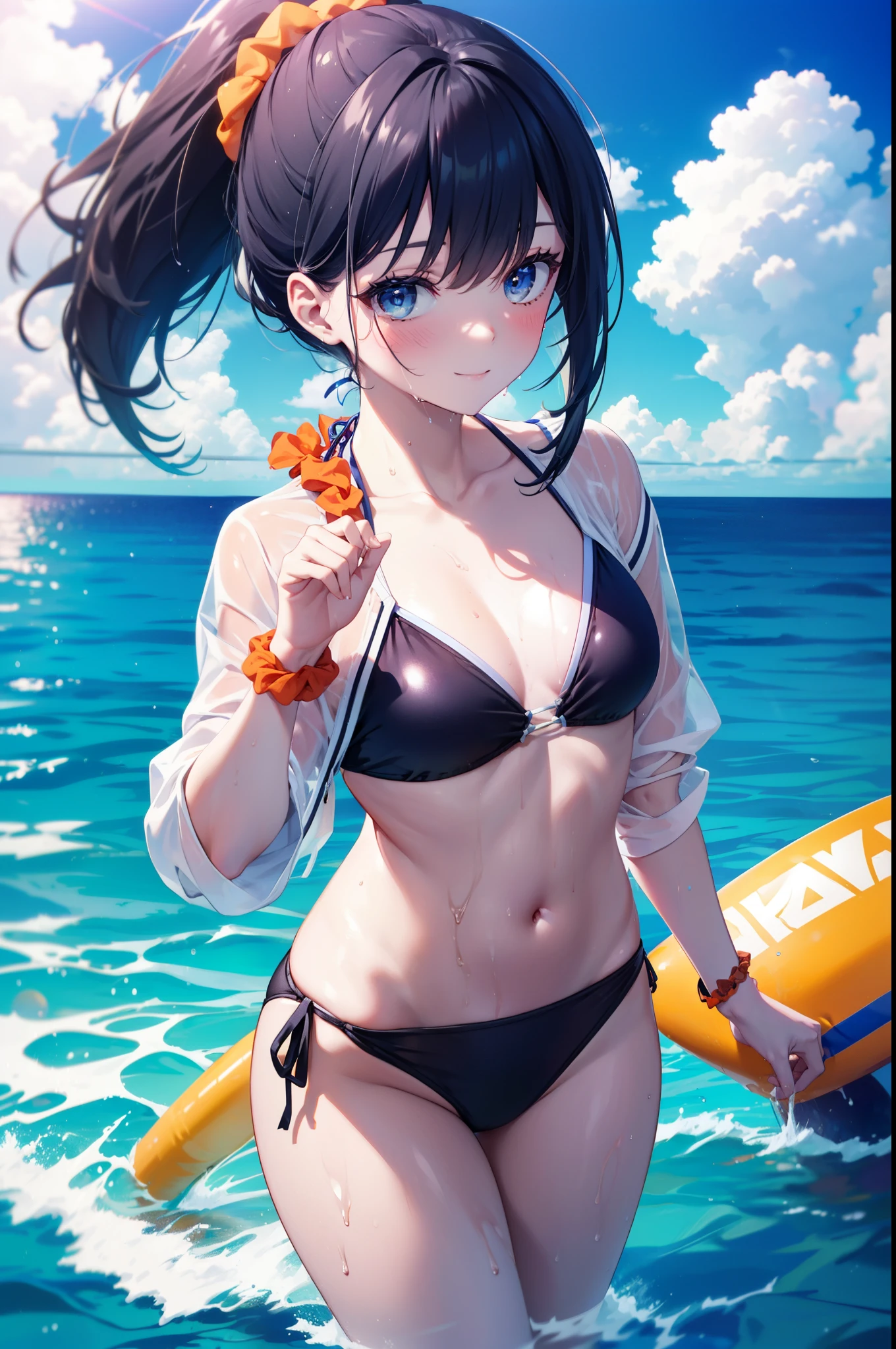 Rikka body, Affluent backstreets, Black Hair, blue eyes, Long Hair, orange Scrunchie, Scrunchie, wrist Scrunchie,smile,blush,ponytail,Red bikini string swimsuit,barefoot,Wet Hair,Wet swimsuit,Wet Hair,Water Play,Daytime,Clear skies,True Summer,True Summer,
break outdoors, Ocean,Beach,
break looking at viewer,whole body, (Cowboy Shot:1.5),
break (masterpiece:1.2), Highest quality, High resolution, unity 8k wallpaper, (shape:0.8), (Beautiful details:1.6), Highly detailed face, Perfect lighting, Extremely detailed CG, (Perfect hands, Perfect Anatomy),