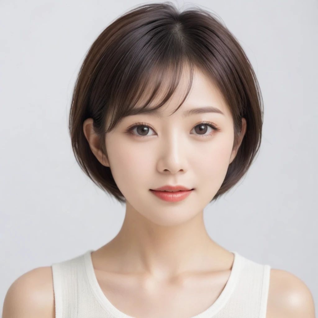 beautiful Japanese woman with short hair , white background