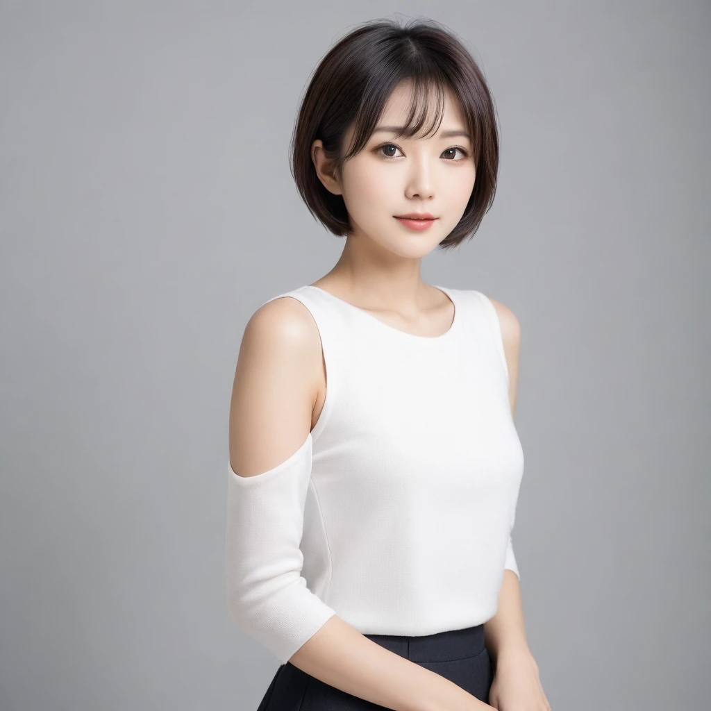 beautiful Japanese woman with short hair , white background