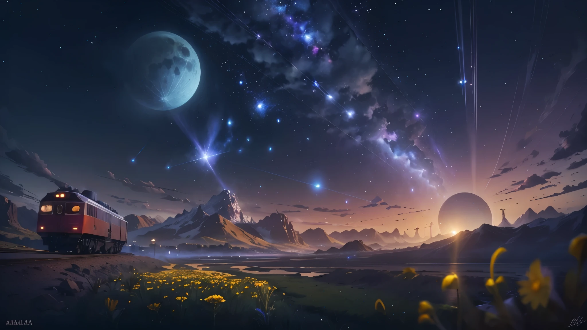 (Absurd, Cinematic, Ultra-high resolution, taller than, Super detailed, Super detailed), Dark purple sky, Sky nebula, Five o'clock in the sky, Big moon in the sky, Flying Train, shooting star, Dandelion field, Mountain, Boy Looking at the Sky, oil, detailed Dandelion field, detailed Flying Train, Detailed Sky, sunset