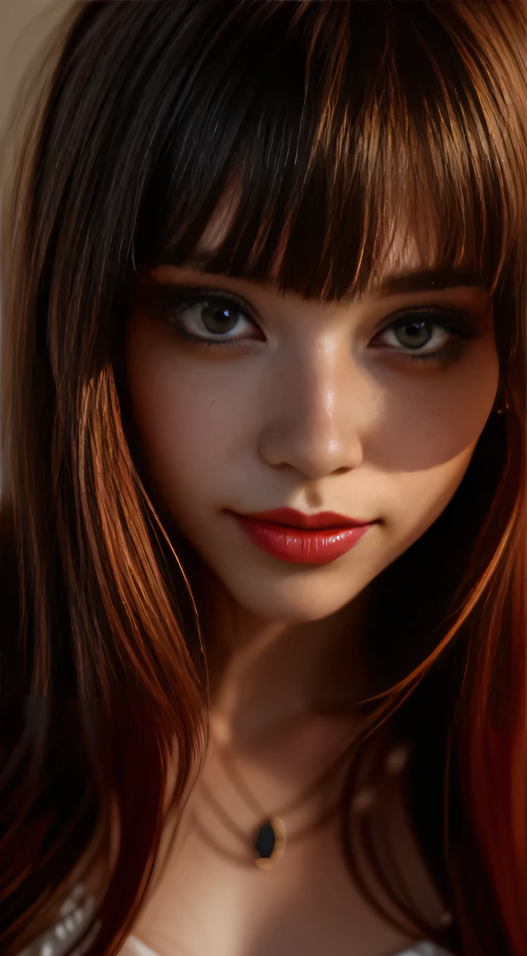 1closeup of an 18 year old girl ((AMERICAN)), ((long straight hair with bangs)), smiling,((with wild messy hair)),( fleshy lips) big eyes, freckles on her face, red lipstick, (piercing on the lip), necklace, earring, and makeup, Angle of the face up close, Looking at camera