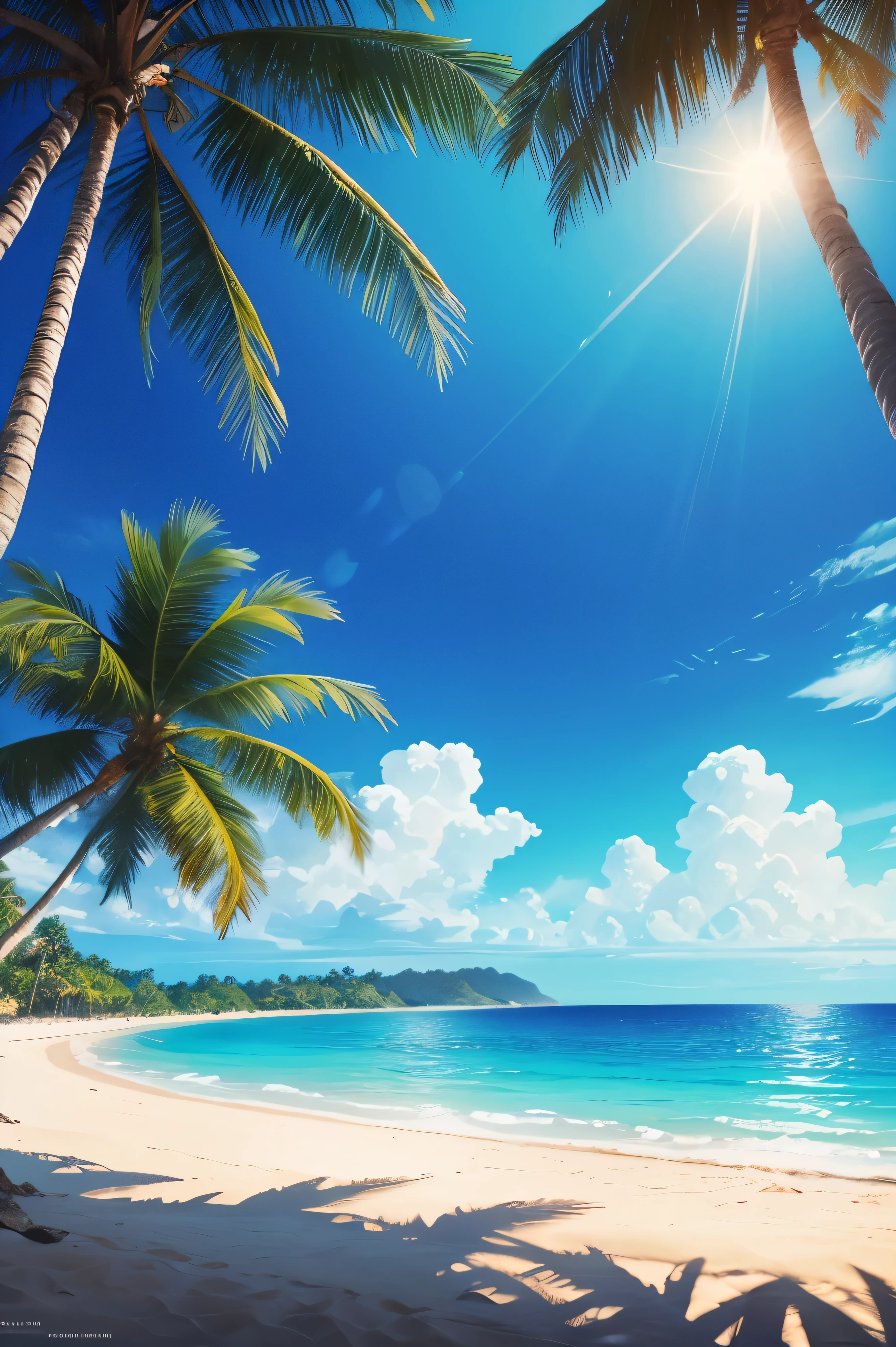 a beautiful serene beach with palm trees, blue sky,ocean waves,photorealistic,highly detailed,vibrant colors,dramatic lighting,cinematic composition