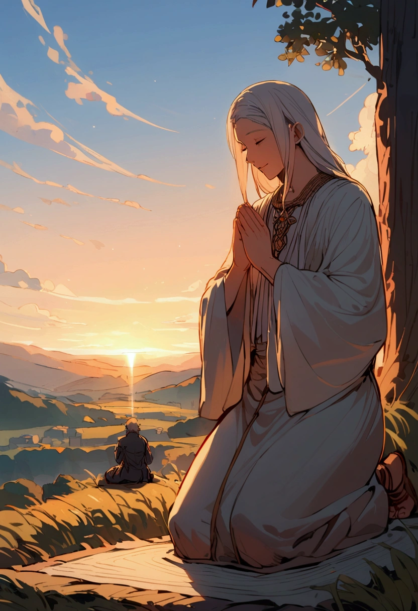 An image of a man kneeling in prayer, plein-air, demonstrating your devotion to God WITH A LEGEND ON THE TOP WRITTEN: morning prayer