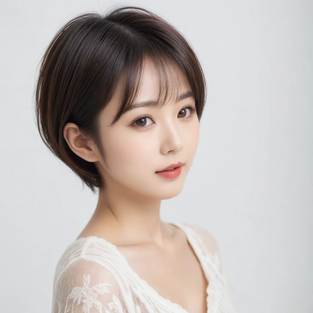 beautiful Japanese woman with short hair , white background