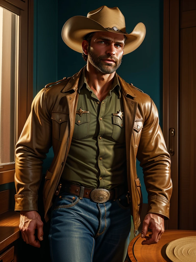  illustration in Leyendecker style; rickgrimes2024, 1 man, buzz cut, best quality, photorealistic, short hair, clean shave, sheriff, cowboy hat, kentucky